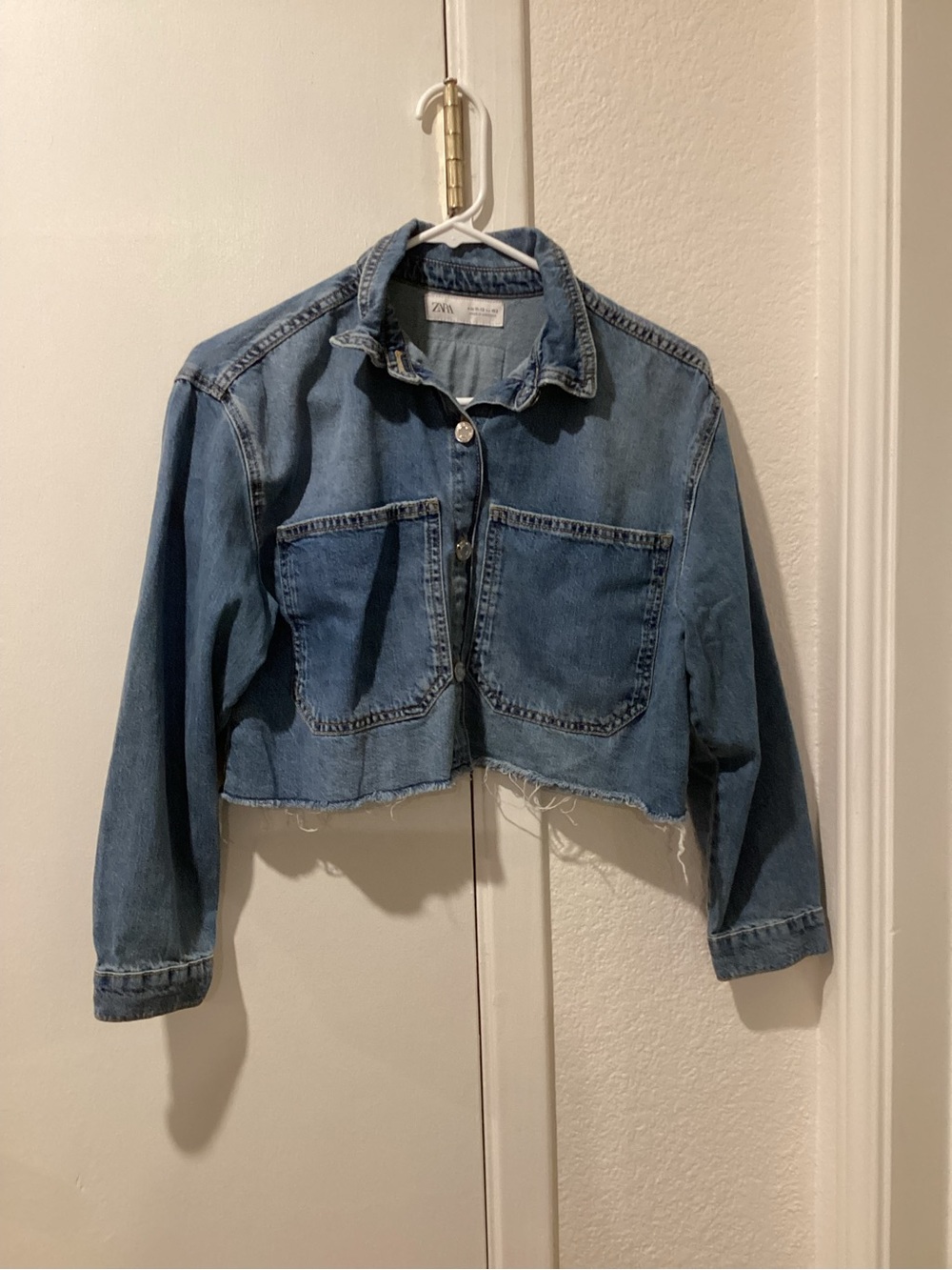 Zara Blue Cropped Denim Jacket with Patch Pockets